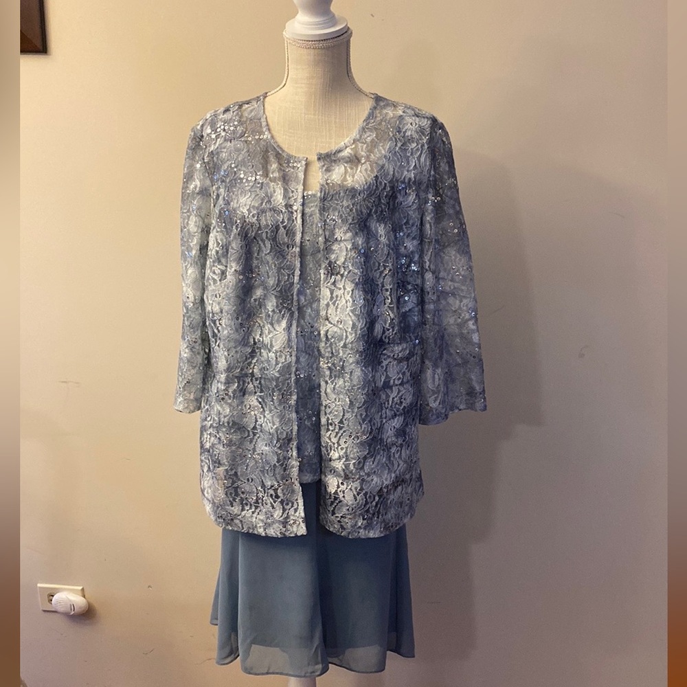Alex Evenings women’s 3 pcs midi length lace / sequins gray skirt set size 1X